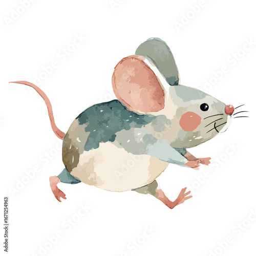 Watercolor Running Mouse with Pink Cheeks and Long Tail Illustration
