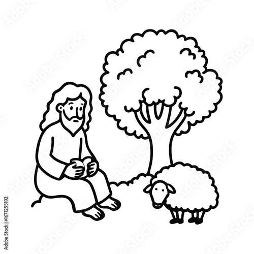 Jesus sitting under tree telling story of lost sheep vector line art on white background