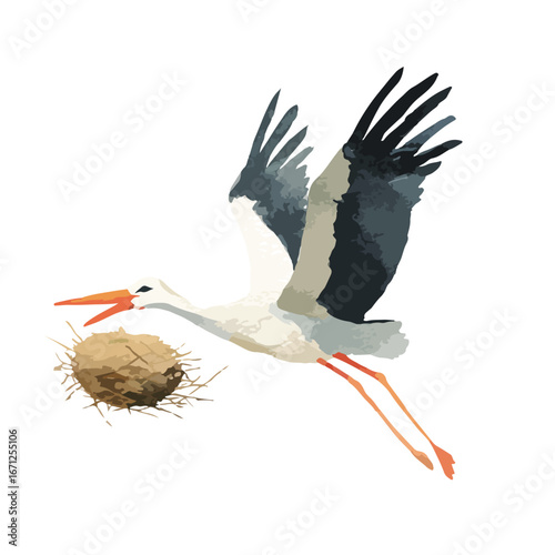 Watercolor Stork in Flight Carrying Nest