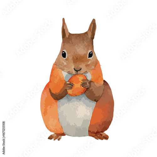 Watercolor Squirrel Holding Orange Fruit Front View Cute Expression