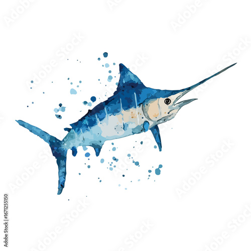 Watercolor Style Blue Marlin with Splatter Effect and Open Mouth