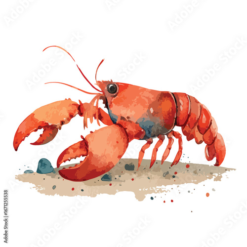 Watercolor Style Lobster with Prominent Claws Resting on a Sandy Surface