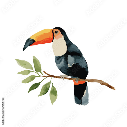 Watercolor Toucan Perched on Branch with Lush Foliage