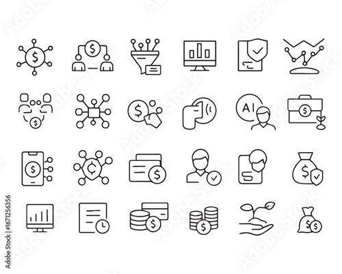 Set of  outline icons related to fintech. Linear icon collection