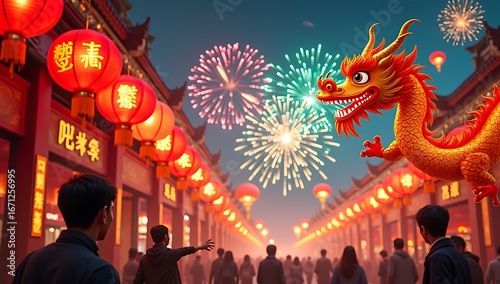 Traditional red lanterns and golden dragon dancing with fireworks in the sky, symbolizing Lunar New Year celebration in China.