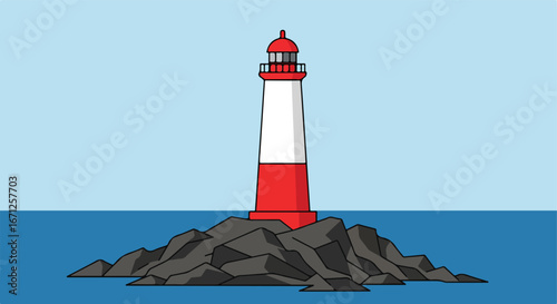 Rocky coastline Red and white lighthouse on stone island, blue sea and sky