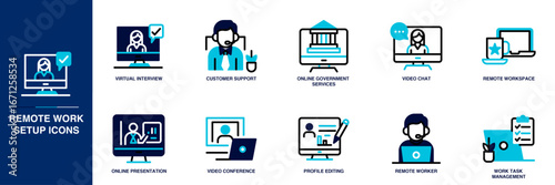 Remote Work Setup Blue Colored Outline Icon Set