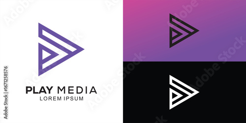 Play button for media app logo design with initial letter p line logo. Streaming service app Logotype. Multimedia player icon design element for Music and movie start sign, audio and video editor logo