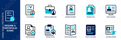 Resume and Portfolio Blue Colored Outline Icon Set