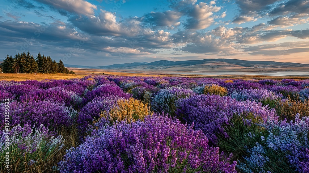 Obraz premium Lavender field with trees and mountains under a cloudy sky at dusk.
