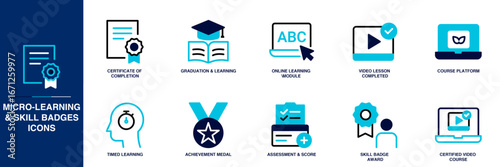 Micro-learning and Skill Badges Blue Colored Outline Icon Set