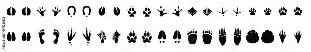 Fototapeta premium Wild life footprint tracks. Animals and birds paws prints, black silhouettes traces, hunters. Animal Footprints Line Icons Set, Editable Stroke Animal Paw Print Icon Set, vector illustration