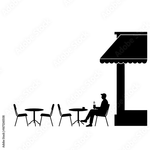 Relaxed man enjoys beverage at outdoor cafe table beneath awning, capturing a moment of peaceful solitude and urban lifestyle.