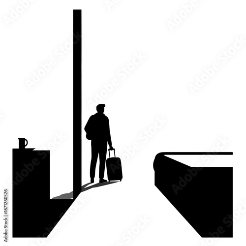 Confident traveler with luggage pauses near modern structure, contemplating journey ahead, symbolizing business trips and personal exploration.