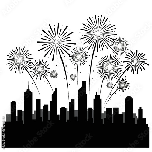 Celebrate urban excitement with dazzling fireworks illuminating a modern cityscape, creating a vibrant festive atmosphere perfect for any special event or holiday promotion.