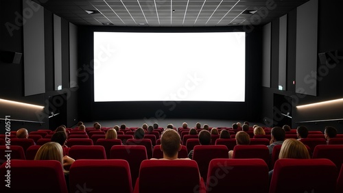 Audience in modern cinema hall watching blank screen for film or presentation