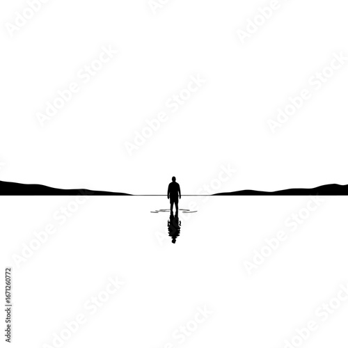Lone figure gazing into vast expanse reflecting on life's journey and future possibilities, embodying introspection and personal growth.