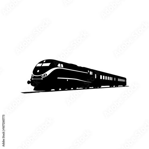 Sleek modern high-speed train silhouette traveling swiftly along railway tracks, symbolizing progress and efficient transportation for global connectivity and travel.