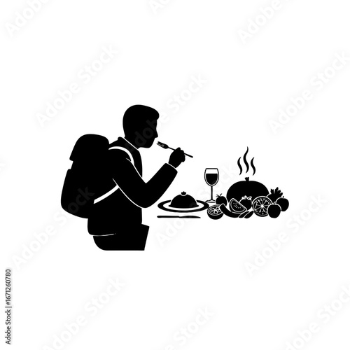 Solo traveler enjoying a delicious meal with fresh fruits and wine, capturing a moment of pure culinary delight and peaceful solitude during a journey.