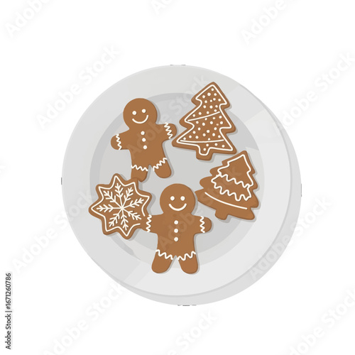 Festive gingerbread cookies including gingerbread men, snowflakes, and trees arranged on a clean white plate, perfect for holiday baking promotions and cheerful seasonal designs.
