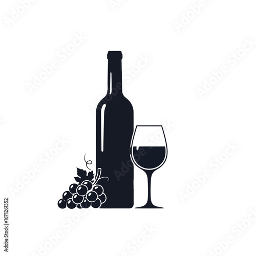 Savoring sophisticated moments with a classic wine bottle, elegant glass filled with rich red wine, and fresh grapes, perfect for celebratory occasions and refined enjoyment.