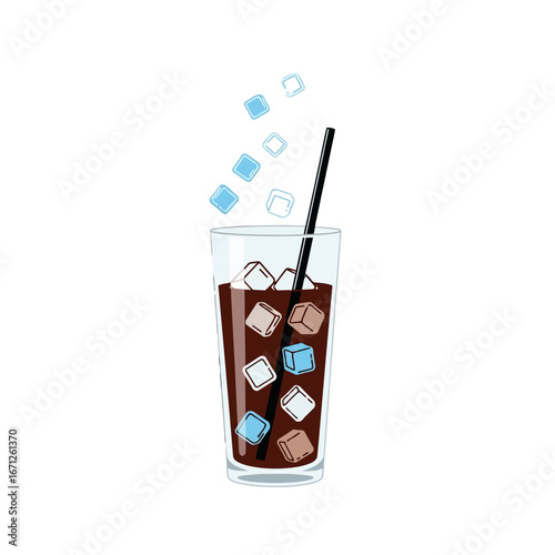 Refreshing iced coffee with falling ice cubes and straw in tall glass, perfect for summer refreshment and cafe promotions