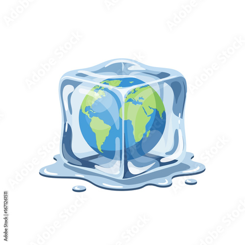 Planet Earth encased in melting ice cube symbolizing climate change crisis, global warming impact, environmental protection needs, and ecological preservation urgency.