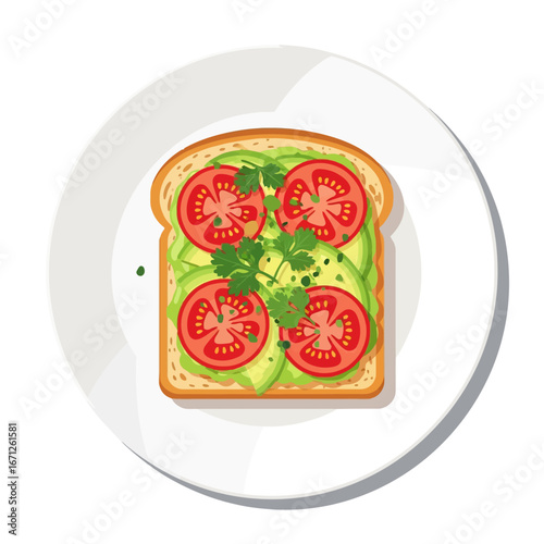 Delicious avocado toast with fresh tomato slices and parsley garnished on a white plate, perfect for healthy breakfast or brunch inspiration.