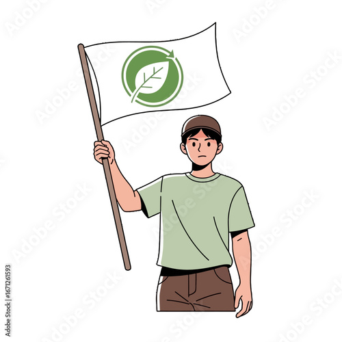 Passionate activist proudly waves a flag symbolizing environmental protection and sustainability, advocating for a greener future with determination and hope.