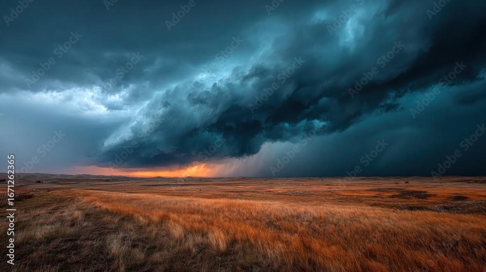Fototapeta premium Shelf Cloud Over Golden Prairie at Sunset with Dramatic Storm Sky and Heavy Rainfall