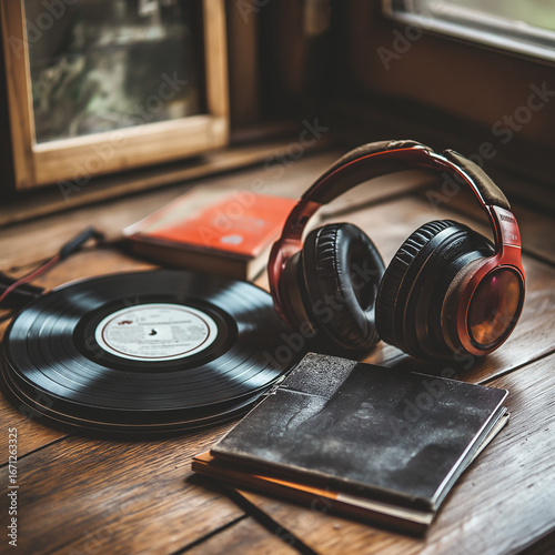 Vintage vinyl record and headphones by the window