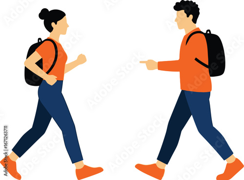 Illustration of man and woman walking with backpacks pointing direction way