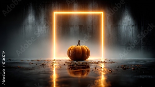 Minimal halloween poster orange square with glowing neon pumpkin outline modern clean geometric spooky vibe