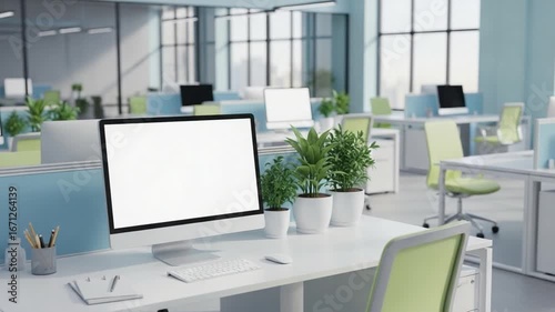 A modern office space featuring a computer with a blank screen and potted plants on a white desk area