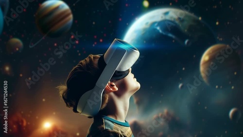 Child boy wearing virtual reality headset and looking solar system with sun and planets. Technology concept.