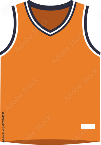 Simple and clean illustration of a sleeveless orange basketball jersey with white and blue trim on the collar and armholes, isolated on white background