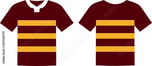 Maroon and Gold Striped Rugby Uniforms Two Views of a Classic Team Sport Jersey Design Showcasing Team Colors and Athletic Apparel