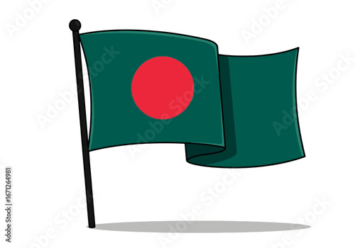 Vector art of the national flag of bangladesh, a green field with a red disc, waving on a flagpole