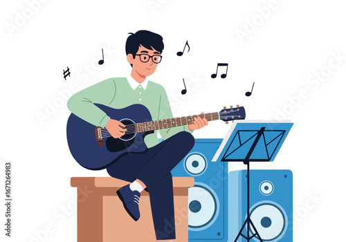 Vector art of young man with glasses playing acoustic guitar sitting on a stool with music notes and speakers in the background