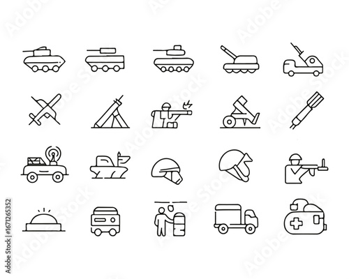 Set of line icons related to military aid to Ukraine. Support, help to ukrainian army. Collection of outline icon