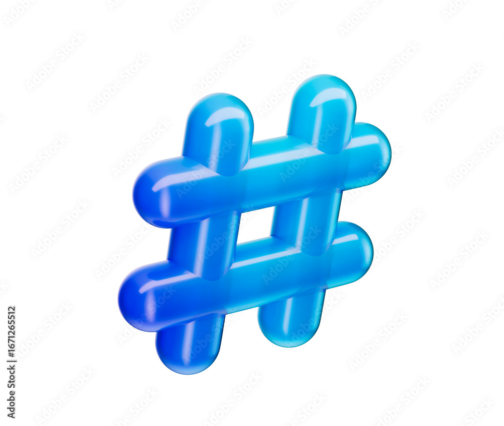 Obraz premium A glossy blue 3D hashtag symbol, representing social media and online connectivity. 3D Illustration