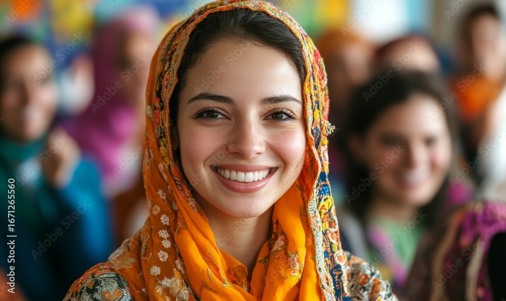 Fototapeta premium Joyful assembly of diverse friends from various cultural backgrounds, smiling and displaying unity and friendship in a vibrant social setting, Generative AI