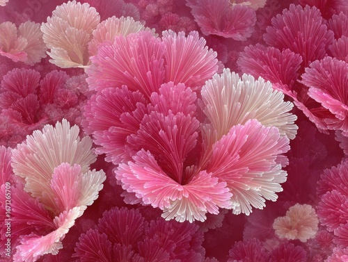 Abstract floral pattern of pink and white, layered, feathery blooms