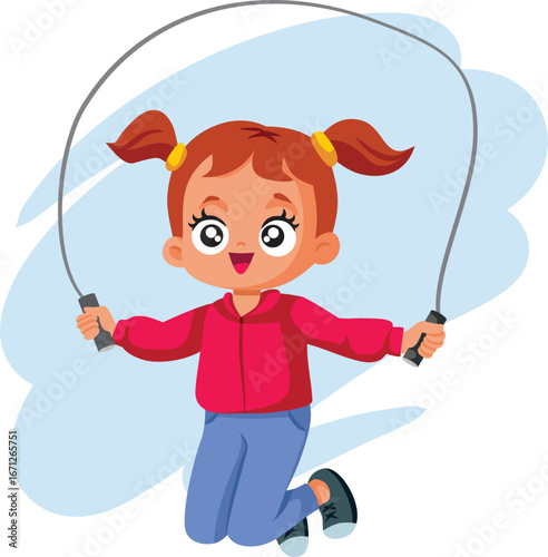 Happy Little Girl Jumping Rope Vector Cartoon Illustration. Child rope skipping feeling energetic and happy
