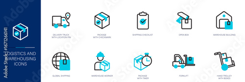 Logistics and Warehousing Blue Colored Outline Icon Set