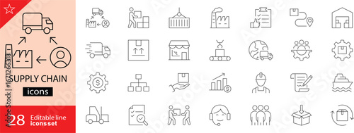 Supply Chain related icons set. Including logistics, warehouse, delivery, transport, inventory, freight, distribution, and tracking. Editable stroke. Outline icons. Perfect for infographics.