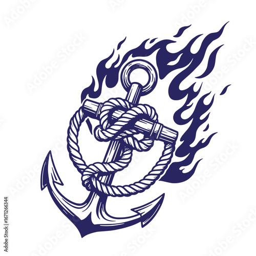 Decorative nautical anchor illustration with rope knots and fire elements on white background