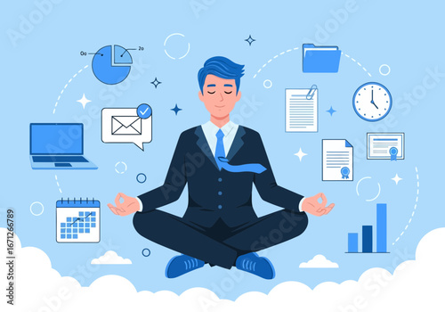 Vector art of businessman meditating in lotus pose surrounded by office icons and charts, symbolizing calm and productivity in a busy work environment