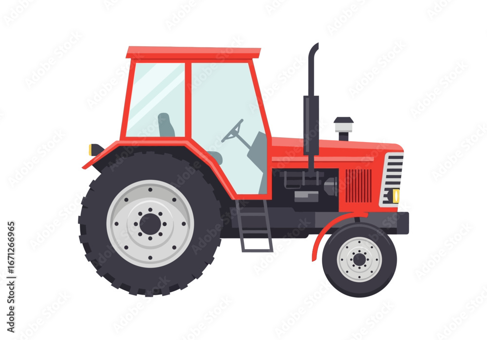 Obraz premium Red agricultural tractor isolated on white background, a modern farm vehicle designed for various cultivation tasks and field operations