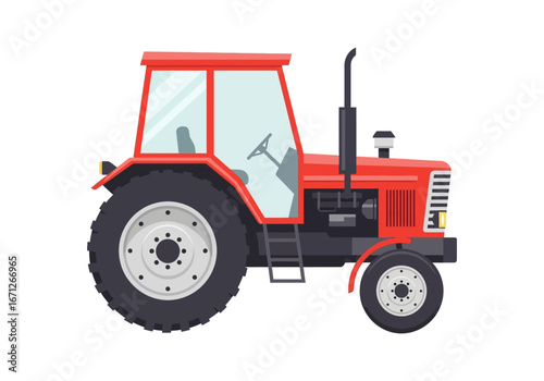 Red agricultural tractor isolated on white background, a modern farm vehicle designed for various cultivation tasks and field operations
